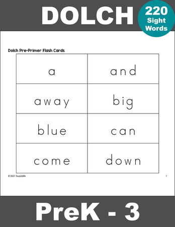 Kindergarten Sight Word Flash Cards, 5 Variations, All 52 Dolch