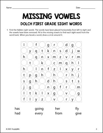 FREE First Grade Sight Words Worksheets - Missing Vowels, All 41 Dolch 1st Grade Sight Words