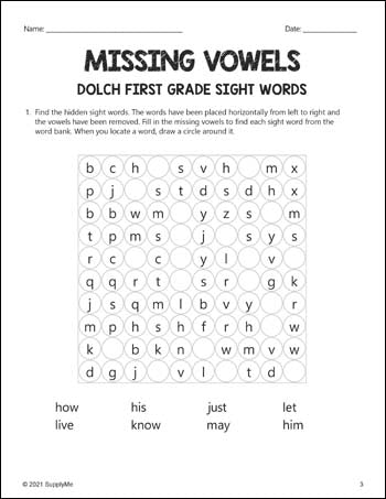 FREE First Grade Sight Words Worksheets - Missing Vowels, All 41 Dolch 1st Grade Sight Words