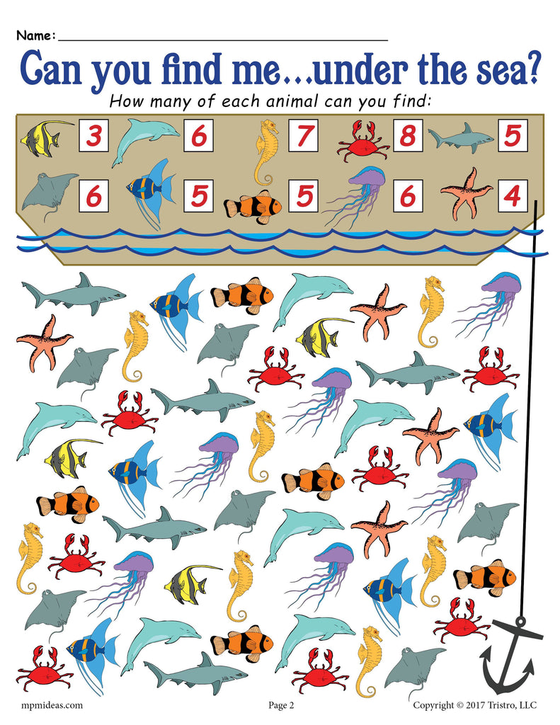 FREE Under the Sea I Spy - Printable Ocean Themed Counting Worksheet!